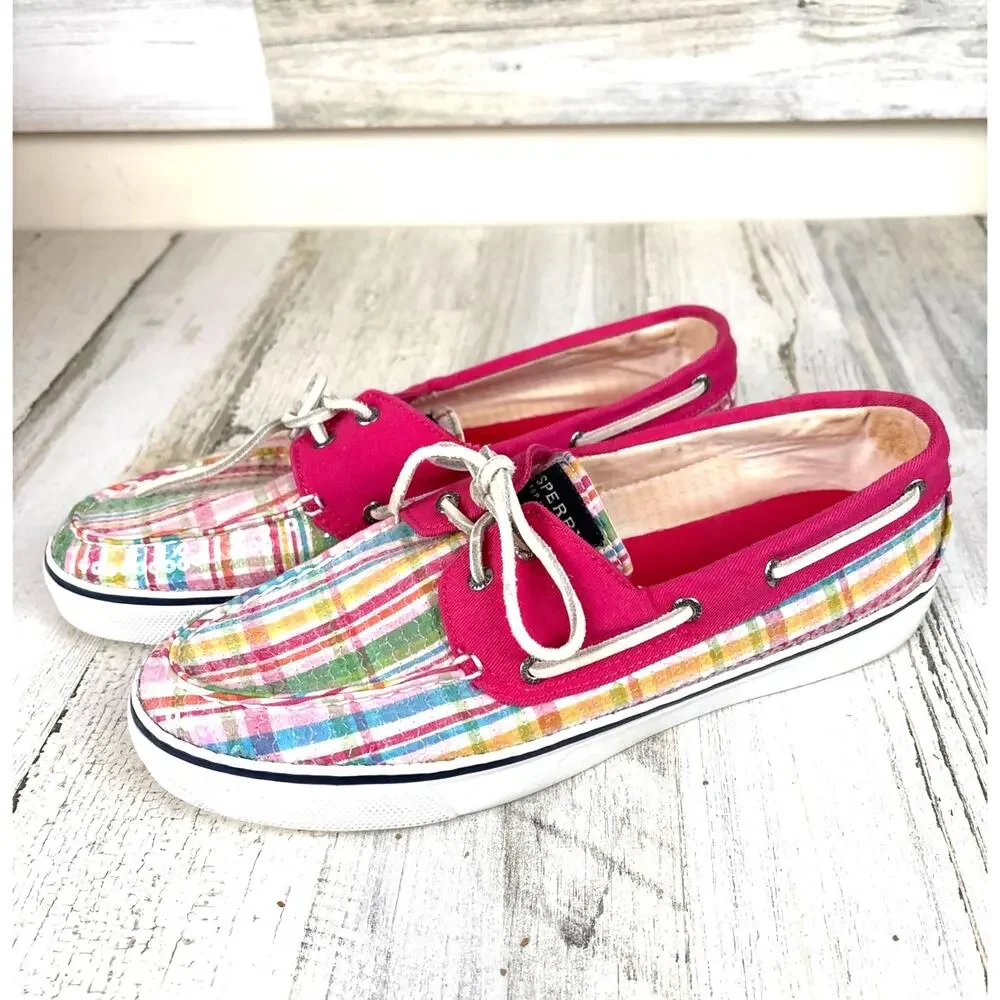 Sperry Womens 10 Pink Pastel Plaid Sequin Boat Shoes Coastal Chic